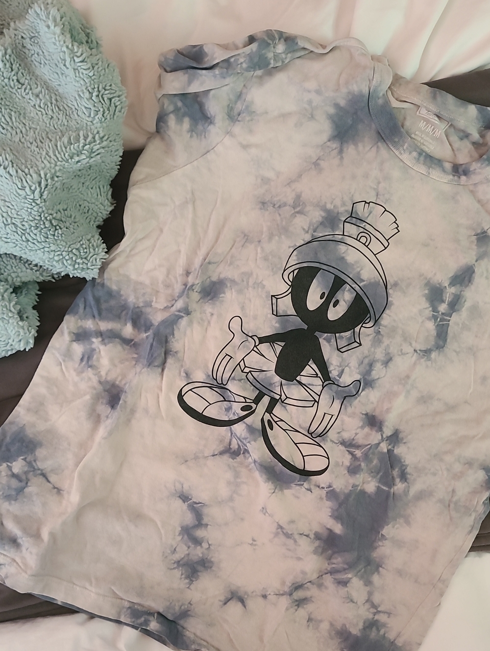 Graphic Tie-Dye Short Sleeve Tee with Cartoon Print - Blue